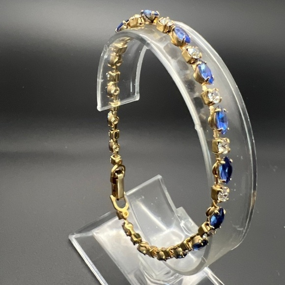 Vintage Gold Plated Tennis Bracelet – Blue & Clear Rhinestones, 7.5” - Picture 7 of 14